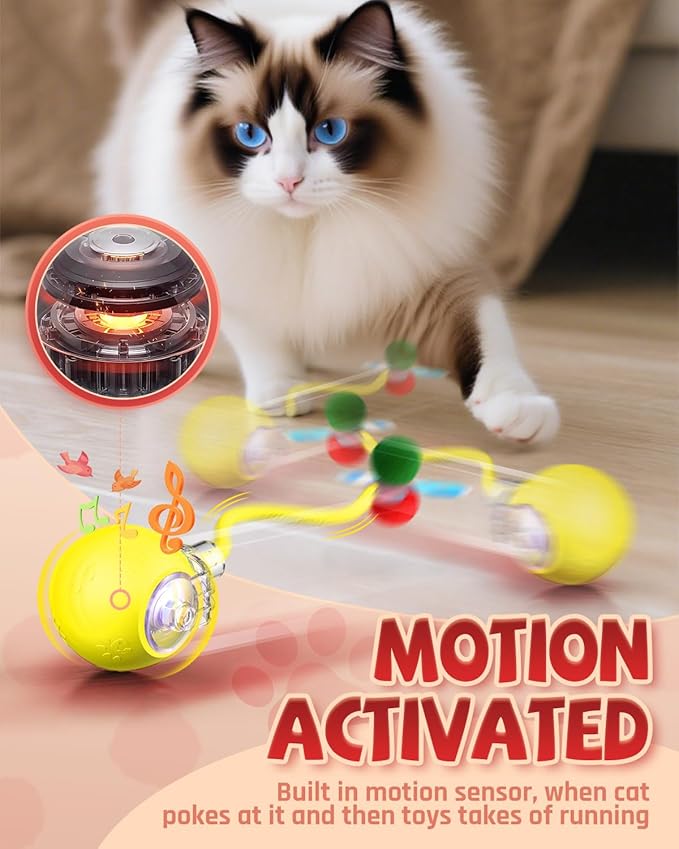 Interactive Cat Toys for Indoor Cats, 2025 Upgraded 360° Anti-chew Safe Material Moving Cat Ball with Tail, Interactive Cat Toys for Bored Indoor Adult Cats to Keep Them Busy (Yellow, 2.2in)