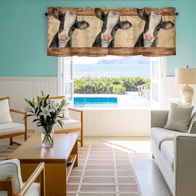 Farmhouse Cow Curtain Valances for Windows, Kitchen Valance Window Treatment