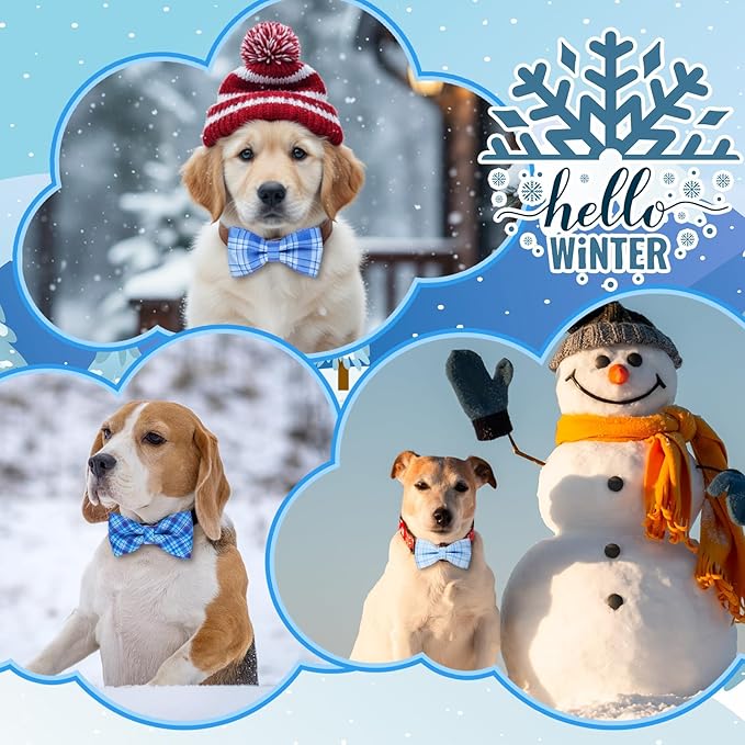 Hillban 50 Pcs Plaid Dog Bow Ties, Dog Collar Bowtie Attachments with Elastic Bands, Blue Check Bowknots for Pets, Grooming Accessories & Photo Props