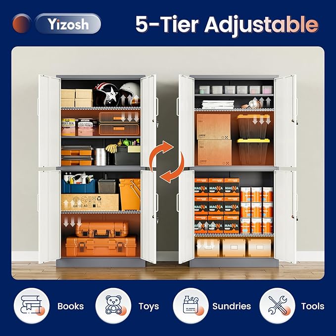 Yizosh Metal Storage Locking Cabinet with 4 Doors and 2 Adjustable Shelves,71" Lockable Garage Tall Steel Cabinet,for Home Office,Living Room,Pantry,Gym,Commercial Storage (Gray White)
