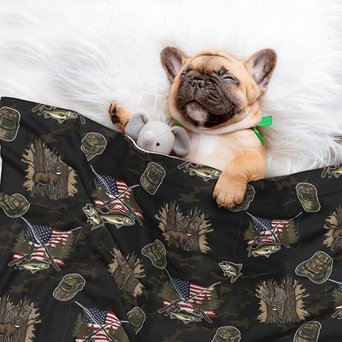 Reversible Plush Dot Pet Blanket, Hunting Deer Bass Fishing Lure Camo Camouflage American Flag Black, Ultra Soft Two Sided Throw for Dogs Cats Home Use Comfort