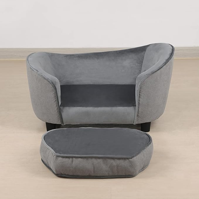 Getifun Pet Sofa Bed, Velvet & Linen Fabric Pet Couch Chair with Removeable & Washable Cushion for Small Dogs Cats (Light Gray)