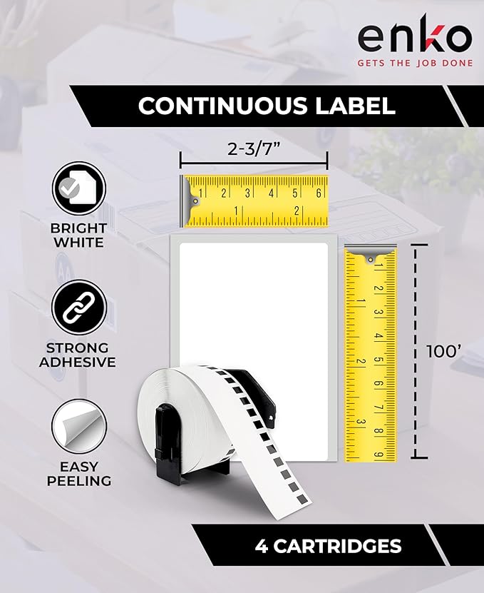 enKo - Compatible DK-2205 Continuous Blank White Paper Labels (2.4 Inch x 100 Feet) Use with Brother QL Label Printers QL-800, QL-820NWB QL 810W - [12 Rolls + 4 Refillable Cartridge Frames]