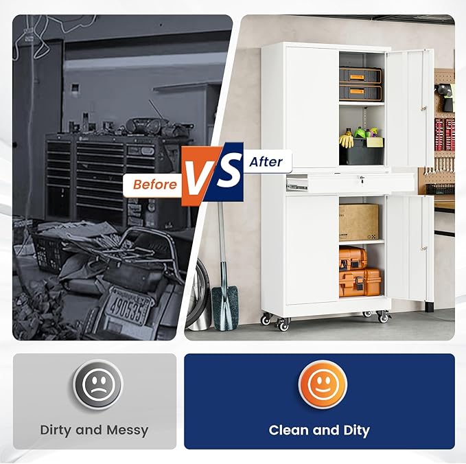 Yizosh Metal Garage Storage Cabinet with Locking Doors and Adjustable Shelves, 73" Rolling Tool Storage Cabinet with 4 Wheels and 1 Drawer for Garage,Warehouse