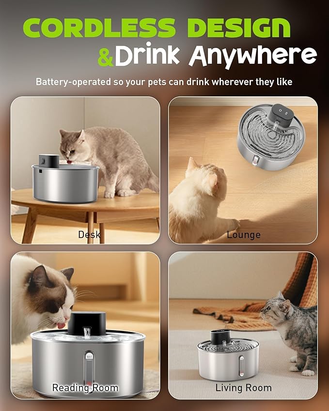 No Pump Cat Water Fountain, 3.2L/108oz Wireless Stainless Steel Pet Water Fountain, Cordless Automatic Dispenser, Battery Operated Cat Fountain with Motion Sensor, Dual Mode