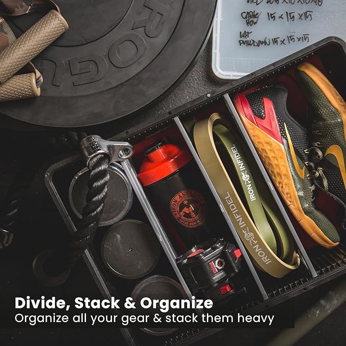 SIDIO Quarter Crate 4 Pack of Stackable Storage Bins - Organizer Bins with Dividers for Garage Organization, Home Storage - Heavy Duty Plastic Containers - 19.16” x 12.75”x 4.57” (Black)