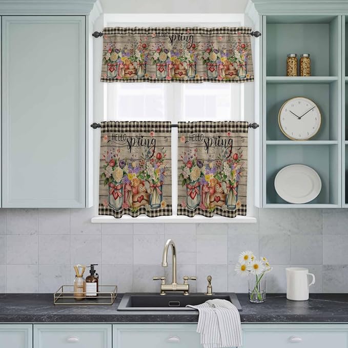 Spring Flowers Kitchen Curtain Set, Farmhouse Vintage Black Plaid Wood Grain
