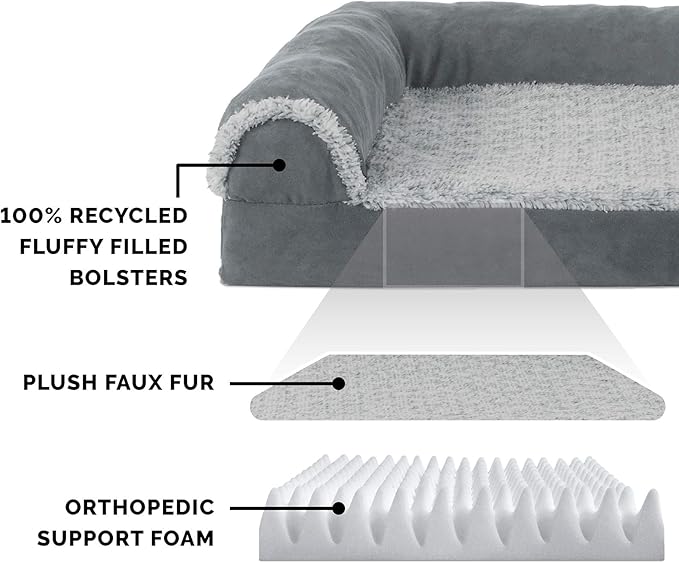 FurHaven Orthopedic Dog Bed & goDog Toy - Squeaky Plush Monkey with Moving Arms and Chew Guard Technology for Large Dogs - Two-Tone Plush Faux Fur & Suede L Shaped Chaise - Stone Gray, Jumbo/XL