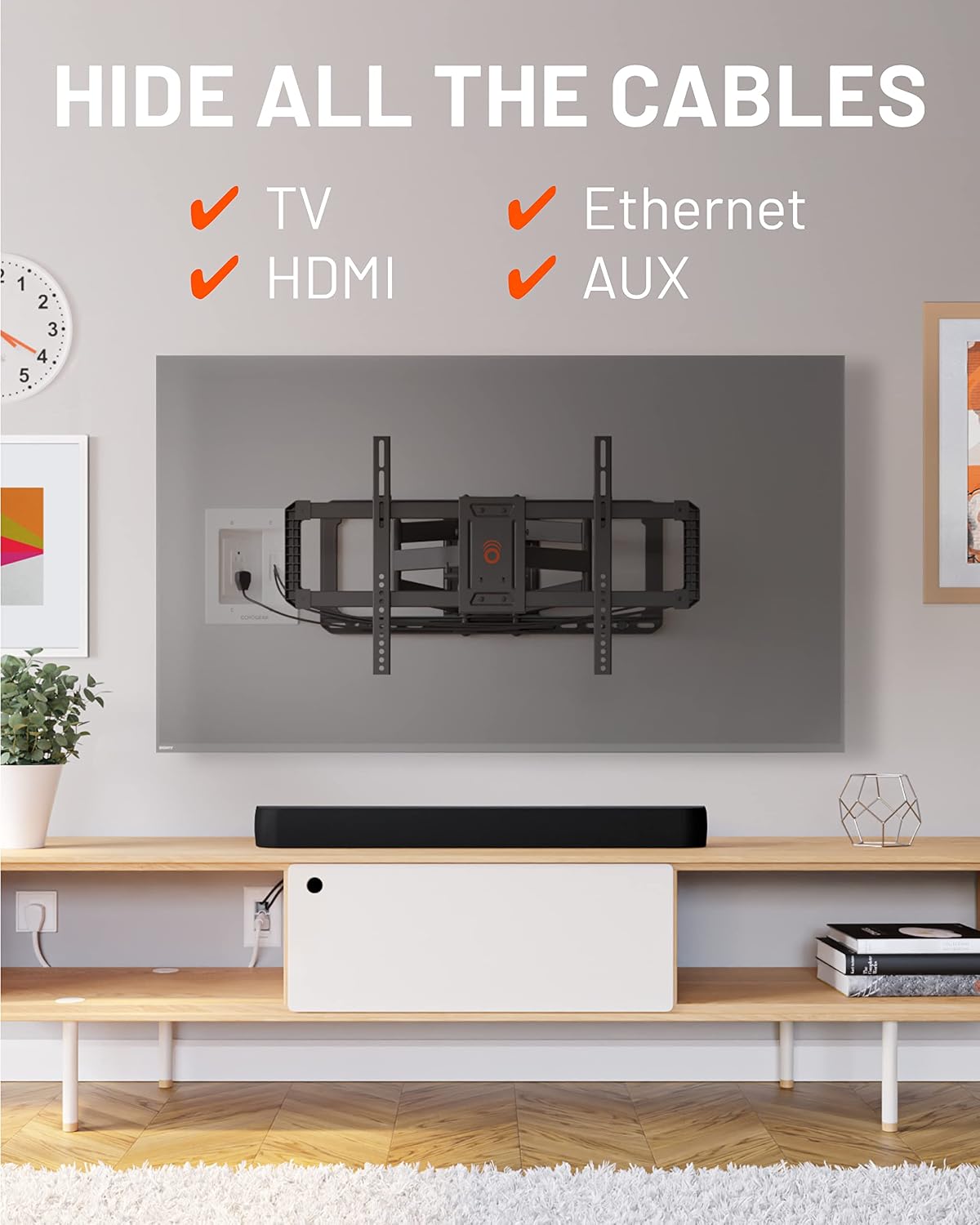 ECHOGEAR TV Cord Hider for Wall Mounted TV – Dual Outlet in-Wall Cable Management Kit for Power & Low Voltage Cables – Includes 6.25”L x 8”H x 3.95”D Module, Wall Template, Saw, 6ft Extension Cord