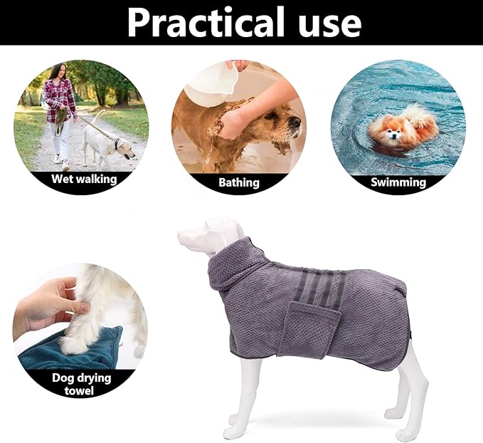Geyecete Pineapple Grid Fast Drying Super Absorbent Dog Cat Bath Robe Towel - Gray - 3XL
