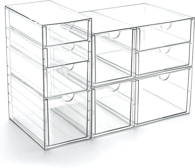 Prsildan Acrylic Drawer Makeup Organizer with 9 Drawers, Set of 3 Office Desk Organizers Accessories, Clear Stackable Storage Drawers for Vanity, Countertop, Craft, Jewelry, Art Supply Organization