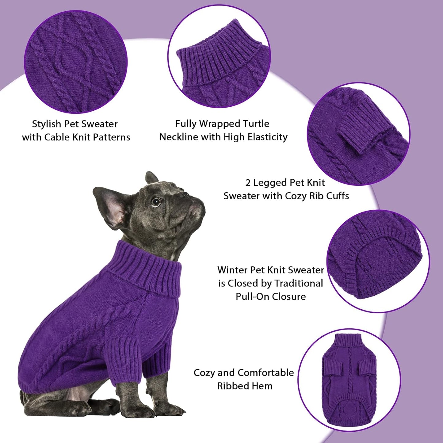 Queenmore Small Dog Pullover Sweater, Cold Weather Cable Knitwear, Classic Turtleneck Thick Warm Clothes for Chihuahua, Bulldog, Dachshund, Pug (Purple, Large)