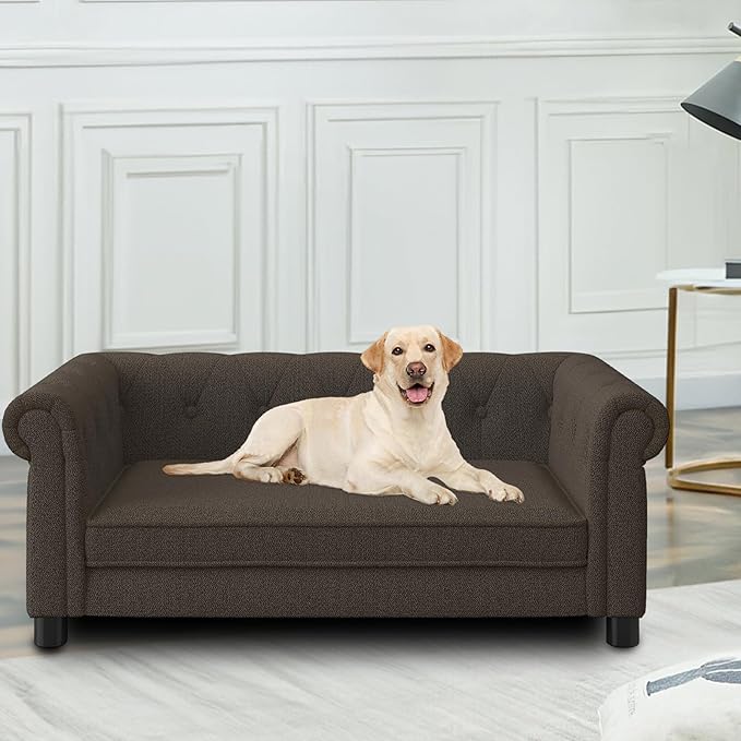 Elevated Rectangle Dog Sofa for Small & Medium Dogs - Comfortable Linen Fabric Dog Bed with Button Tufted Back, Durable Modern and Stylish Pet Bed for Living Room, Bedroom (Dark Brown)