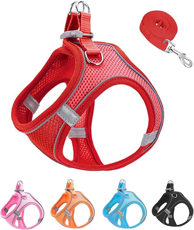 S Red Soft Mesh Dog Harness and Leash Set,No Escape Puppy Harnesses for Training Walking， Reflective Adjustable Puppy Vest for Small Medium Dogs, Cats (Red, S)