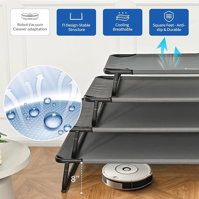 Cooling Elevated Dog Bed, Raised Outdoor Dog Bed Waterproof Pet Beds Cots Stable and Easy Assembly, with 1.2mm Thick Iron Frame, Breathable, Ultra-Sturdy，Grey,32 * 25.2 * 7.1