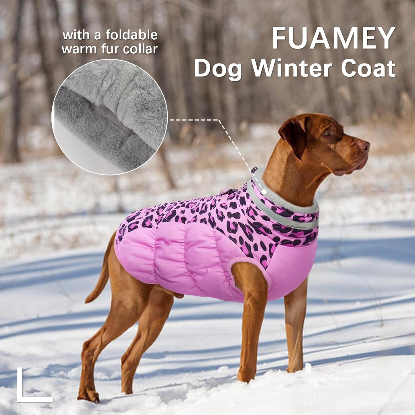 FUAMEY Dog Coat for Large Dogs,Waterproof Dog Winter Jacket with Harness Built in Puppy Cold Weather Coats Reflective Pet Vest with Zipper Warm Fleece Dogs Snowsuit Windproof Pink Leopard XL