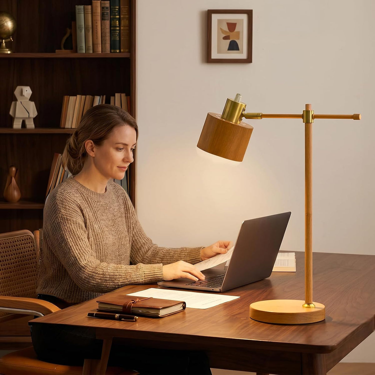 OYEARS 22.2" Mid Century Desk Lamp, Modern Metal Table Lamp with LED Bulb, Adjustable Reading Lamps, Industrial Task Lamp for Home Office, Farmhouse Bedside Lamps with Solid Base, Woodgrain