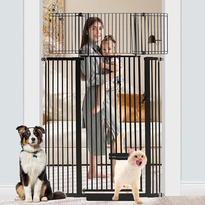 71 Inch Extra Tall Pet Gate with Small Cat Door, 29.55"-46.06" Adjustable Wide Dog Gate, Tall Cats Gates for Doorway, Stairs, House(Black)