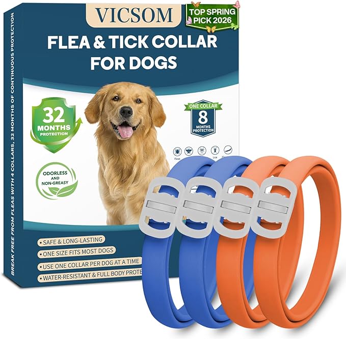 Dog Flea and Tick Collar 4 Pack, Waterproof Adjustable Collar for Dogs and Puppies, 32-Month Prevention, Blue & Orange