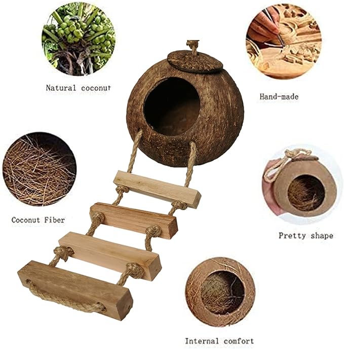 Tfwadmx Coconut Hide with Ladder, Natural Fiber Hanging Birdhouse Cage, Bird Shell Breeding Nest for Parrot, Parakeet, Lovebird, Finch, Canary (2 Pcs)