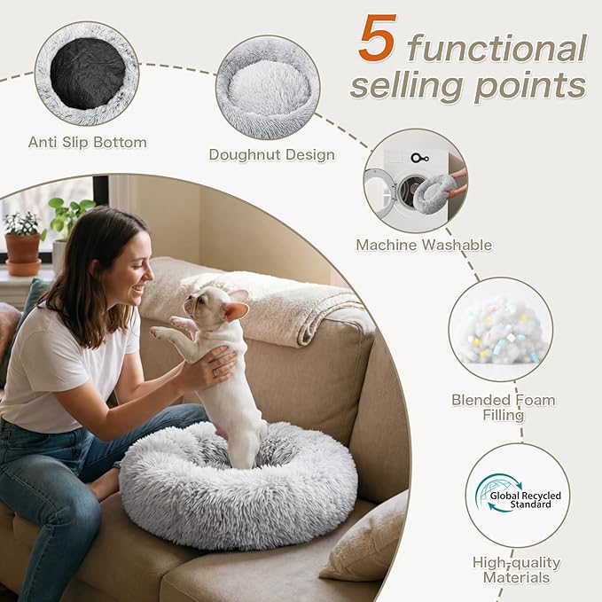 Calming Dog Bed, 20" x 20" x 6" Fits Cat & Dog, Anti-Slip Round Washable Faux Fur for Doze Off, Napping Orthopedic, Grey