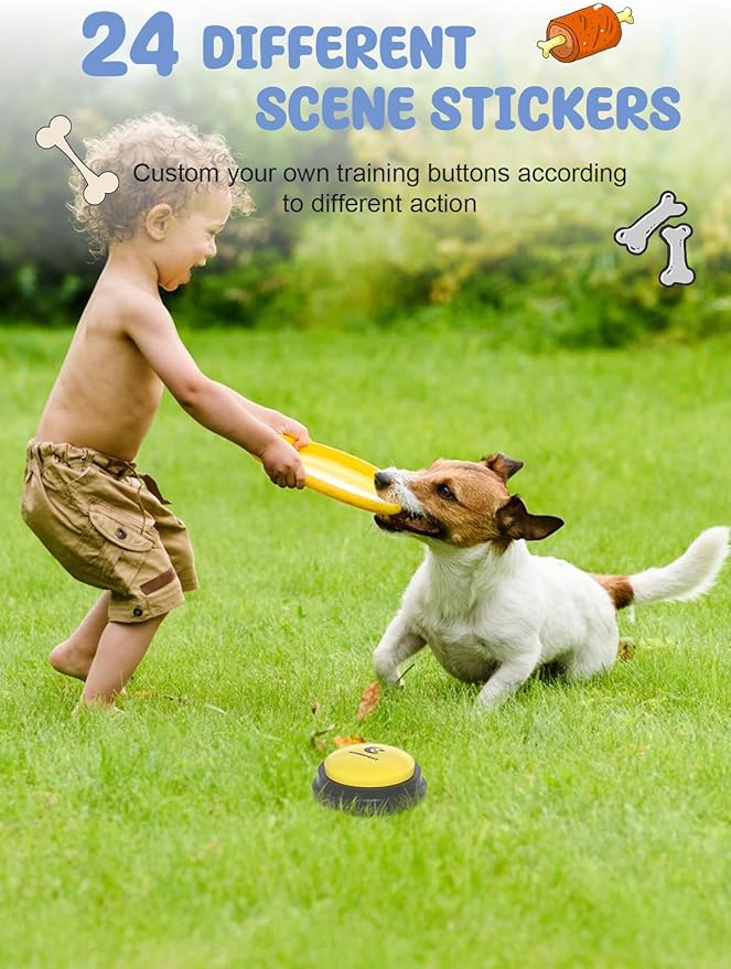 4 Pcs Dog Talking Button Set, Dog Buttons for Communication, 30s Recordable Voice Pet Buzzer Training Buttons, Speaking Button for Dogs with Anti-Slip Dog Buttons Talk Mat and 24 Scene Stickers