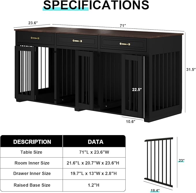 Dog Crate Furniture - Indoor Wooden Dog Kennel with 2 Dividers, 3 Drawers, and 3 Lockable Doors, 72"x23.6"x31.5"H, Black