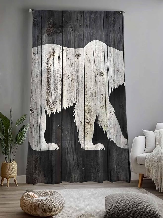 Sheer Curtains 84 Inches Long, Farmhouse Country Rustic Wooden Grain Privacy