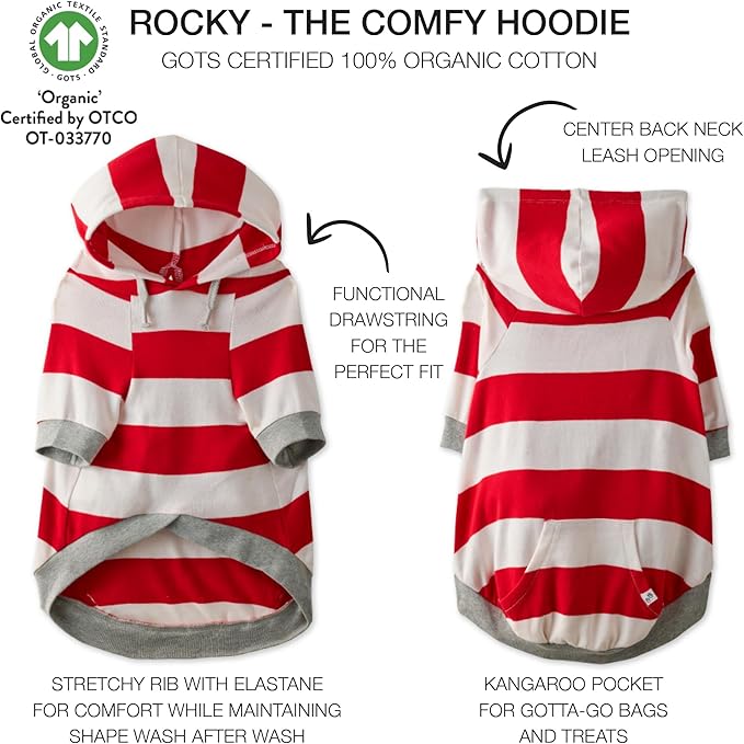 Rocky – The Orginal Lightweight Hooded TEE 100% Organic Cotton Dog Hoodie Pet Coat Sweater for Small, Medium, Large Dogs, Red Bold Stripe, Small