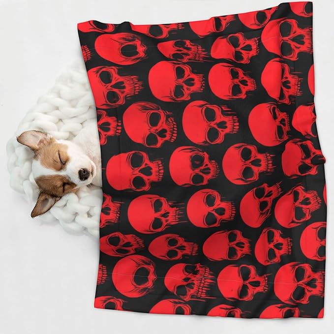 Dog and Cat Blanket in One, Red Blood Vintage Skull, Double Sided Plush Throw with Raised Dot Pattern on One Side and Flat Velvet on Other for Variety