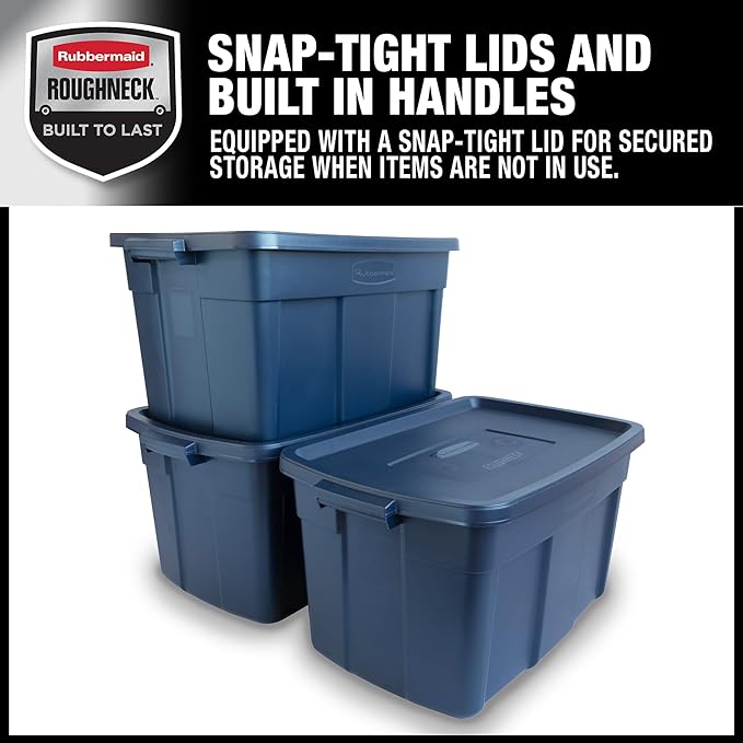 Rubbermaid Roughneck Tote 31 Gal, 3 Pack, Made in USA, Dark Indigo Metallic, Rugged Plastic Stackable Storage Bins with Lids and Handles