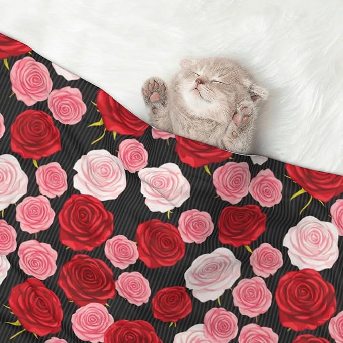 Two Sided Plush Pet Blanket for Warmth Comfort, Black White Stripes Red Rose Flowers, Reversible Throw with Cozy Nubby Side for Chilly Nights Napping Spots Around House
