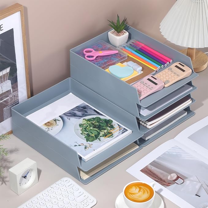 Wenqik 6 Pcs Stackable Paper Trays Rectangular Plastic Desk Holder Desktop Document File Organizer Storage Letter for Office Classroom (Gray)