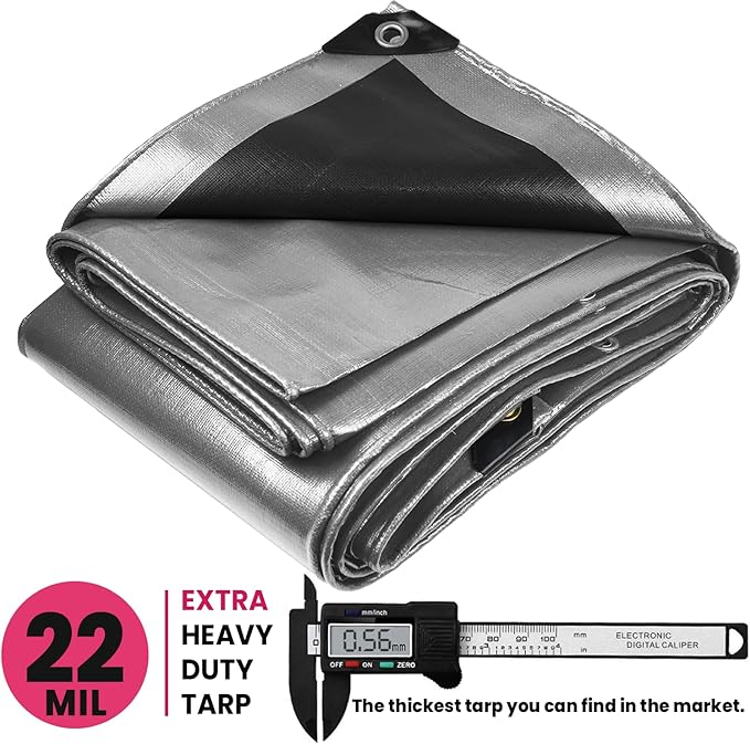 PROTARP Extreme Heavy Duty 22 Mil Tarp Cover, Waterproof, UV Resistant, Rip and Tear Proof, Poly Tarpaulin with Reinforced Edges for Roof, Camping, Patio, Pool, Boat. (Silver/Black 24′ X 24′)