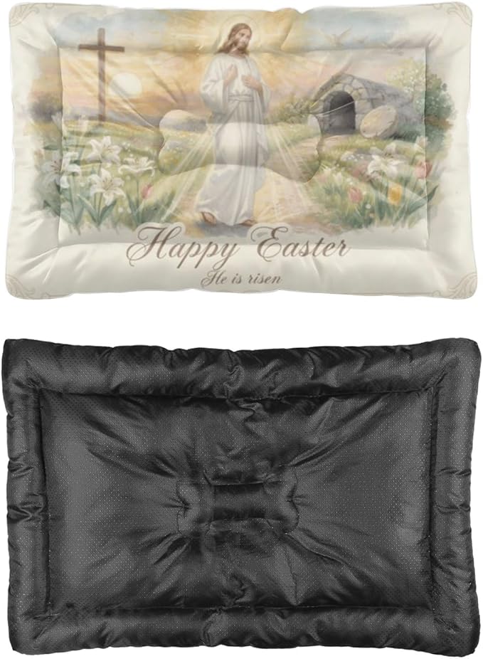Dog Bed Outdoor 24 × 18 Inch Green Wildflowers Easter He is Risen Washable Pads for Dogs Dog Crate Pad Relaxing Crate Bed Kennel Cama Perro One Pack Pet Beds for Medium Dogs Kennel Pad Home