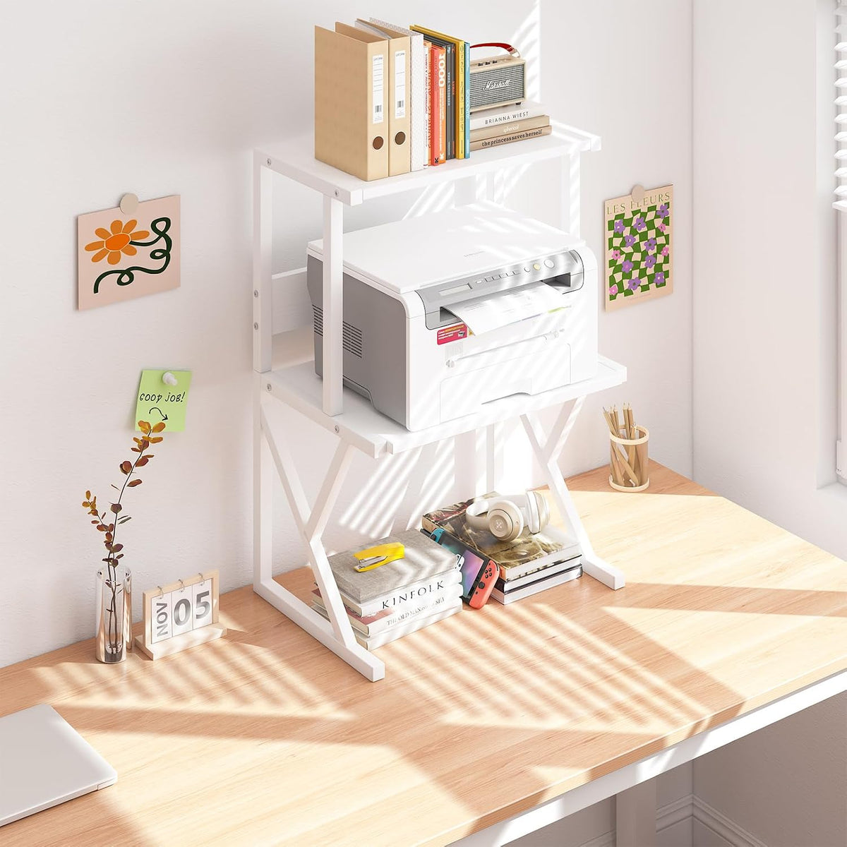 aboxoo Printer Stand for Desk to Save Space, Metal+Wood for Home Office