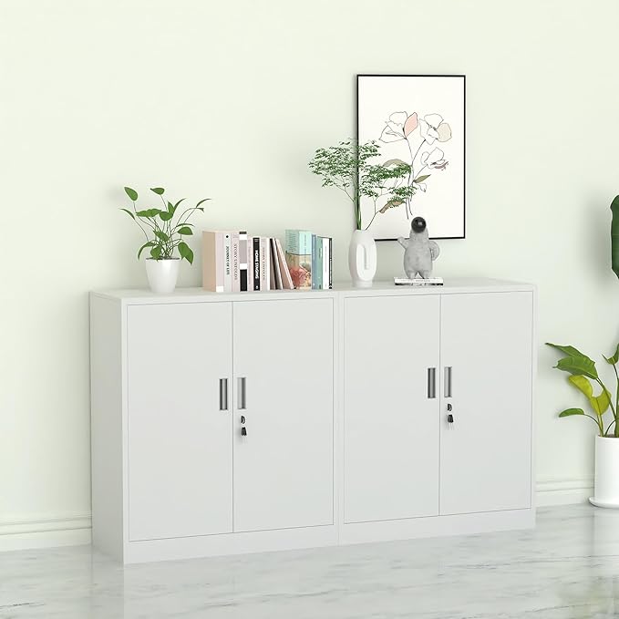 Metal Storage Cabinet with Locking Doors and 2 Adjustable Shelves, Small Lockable Steel Storage Cabinets for Home Office Garage Kitchen Pantry (White)