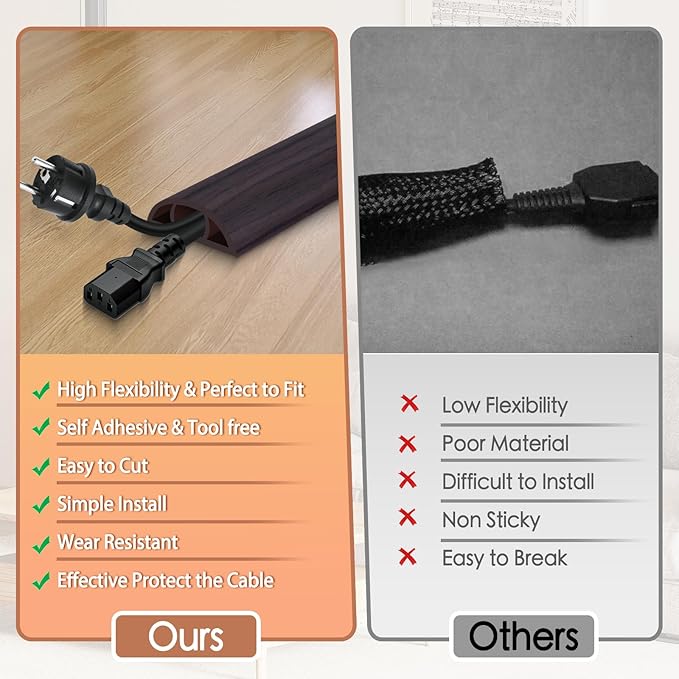 Floor Cord Cover for Wires on Floor Self Adhesive Cord Hider Floor Cable Management Wire Covers for Cords Protector Prevent Cable Trips Cord Cavity W 0.47" x H 0.27", Black Walnut, 20Ft
