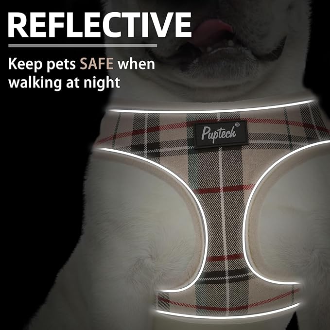 PUPTECK Soft Mesh Dog Harness Small Sized and Leash Set Pet Puppy Cat Comfort Padded Vest No Pull Harnesses, Beige Plaid, Openable Neck, New M