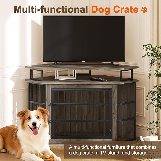Corner Dog Crate Furniture with 2-Tier Shelves 51" Large Dog Kennel Indoor Wooden TV Stand Modern Dog Cage Decorative Pet House