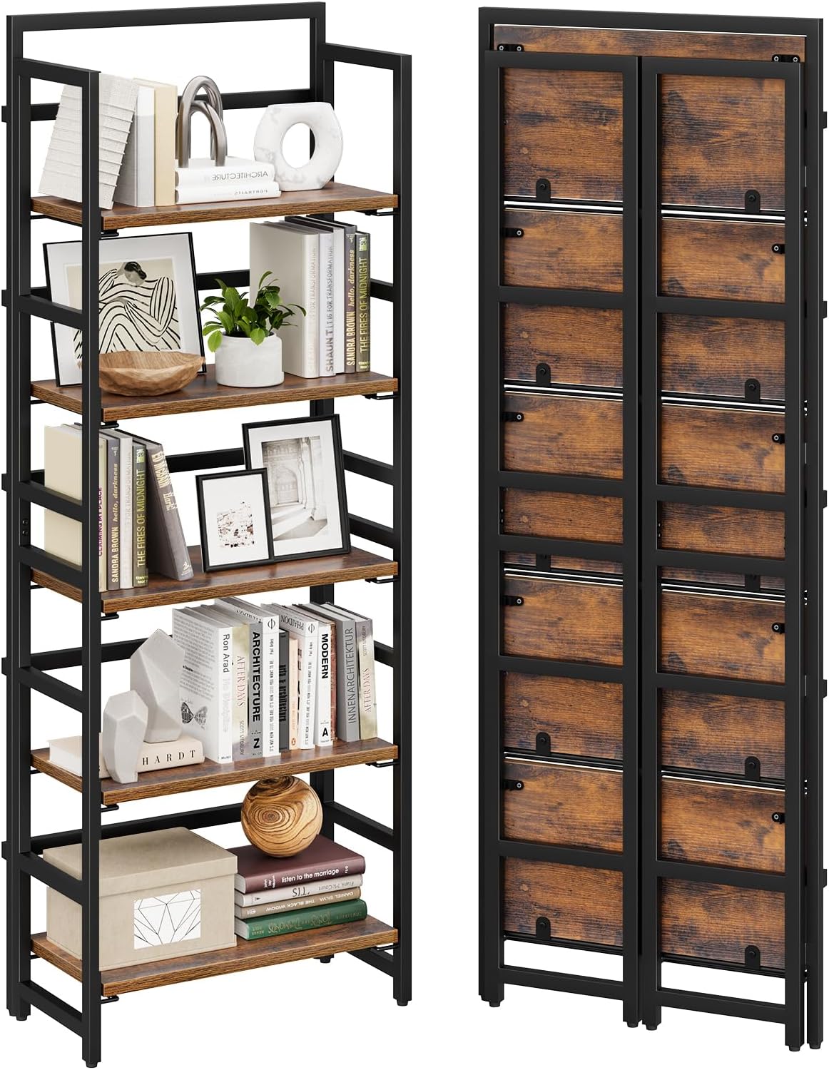 NUMENN 5-Tier Folding Bookshelf, Splits Into 2 Units, Vintage