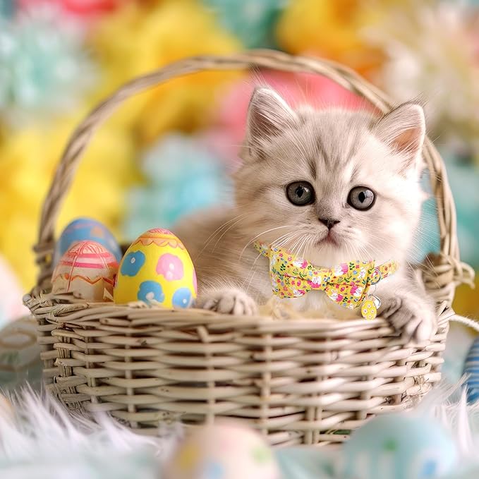 3 PCS Easter Cat Collars with Bow Tie and Bell, Spring Cat Collars Eggs Rabbit Pattern Breakaway Adjustable Cat Bow Tie Collars, Cute Bow Tie Suitable for Kittens Or Certain Puppies