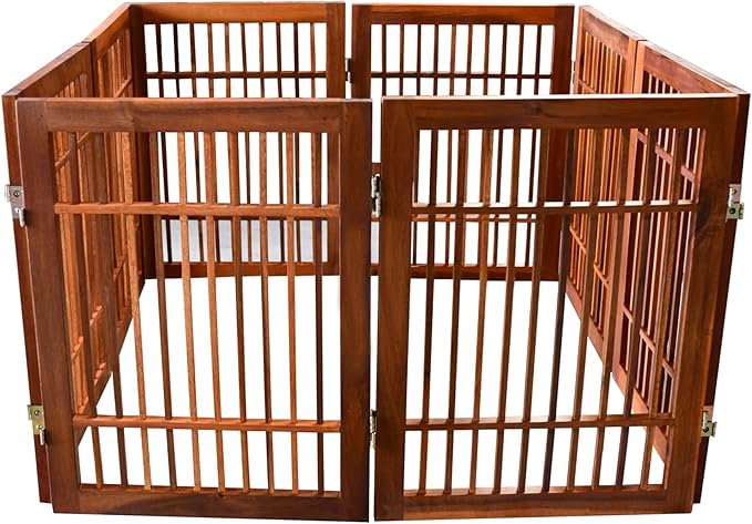 Urnporium Freestanding Wooden Dog Gate Foldable Indoor Pet Gate No Drill Expandable Barrier for Doorways Stairs Hallways Portable Wood Fence for Small Dogs & Puppies (Brown Pet Gate, 8 Panel 24" Tall)