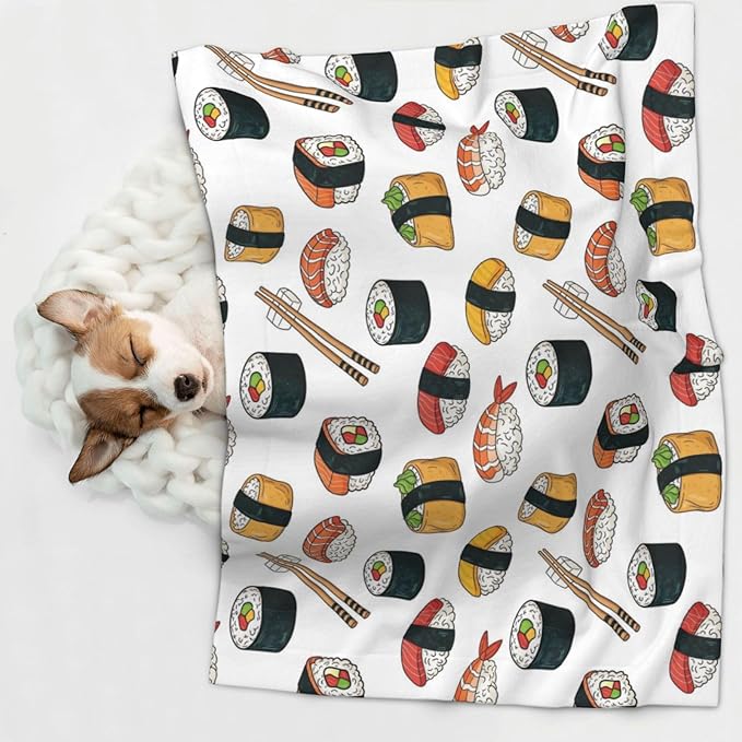 Two Sided Plush Pet Blanket for Warmth Comfort, Sushi, Reversible Throw with Cozy Nubby Side for Chilly Nights Napping Spots Around House