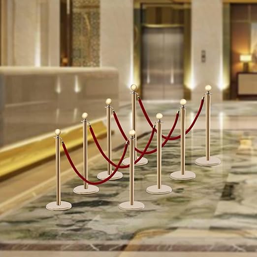 8 Pcs Stanchions with Red Velvet Ropes Set, 4 Red Velvet Ropes and 8 Stainless Steel Posts with Base, Runner Poles for Red Carpet Party Decoration Crowd Control Barriers (Golden)