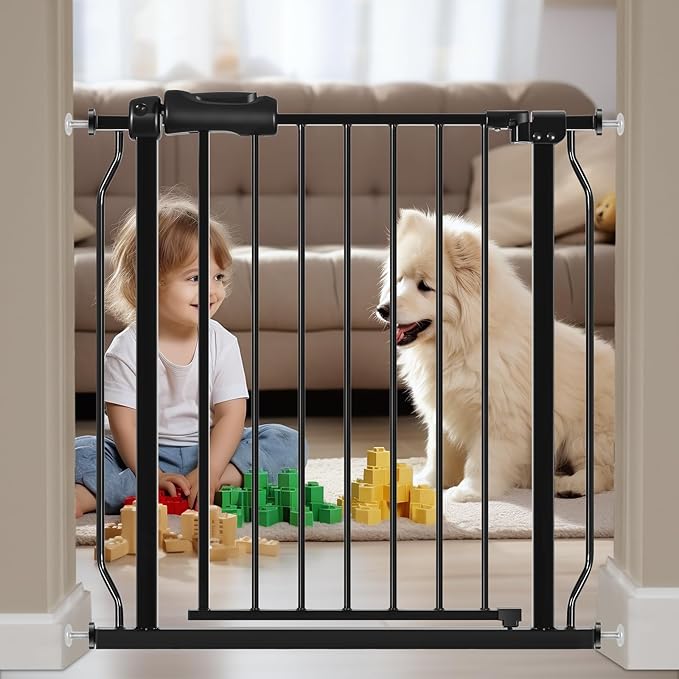 HOOEN Narrow Baby Gate for Stairs - 29 to 34 Inch Wide with Door, Metal Tension Pressure Mounted Child Safety Gate