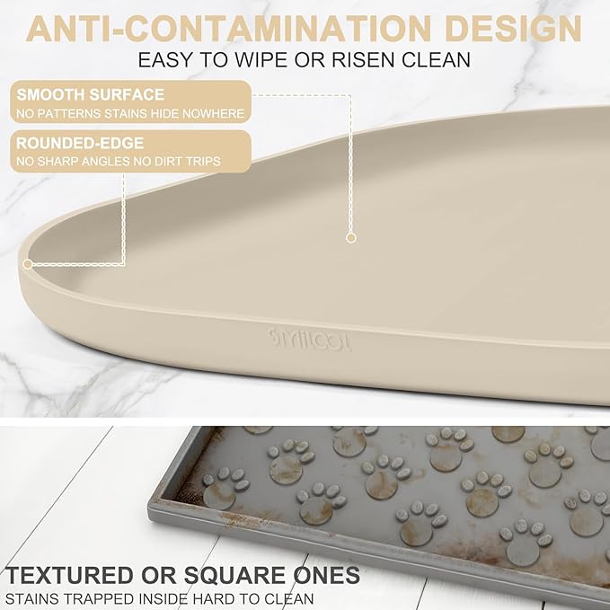 Silicone Pet Food Mat with Raised Edge for Food and Water Bowl, Dog Feeding Mats, Cat Food Trays for Floor Waterproof, Rubber Tray for Dogs and Cats, 24 x 16 x 0.8 Beige