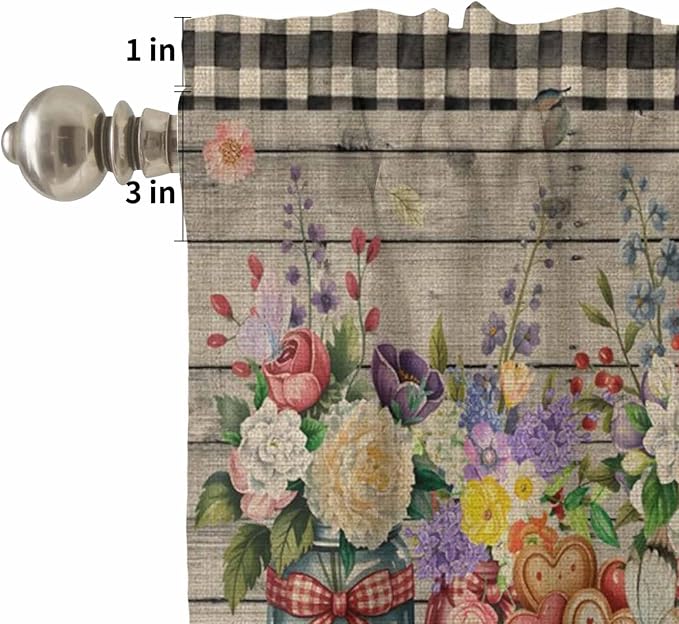 Spring Flowers Kitchen Curtain Set, Farmhouse Vintage Black Plaid Wood Grain