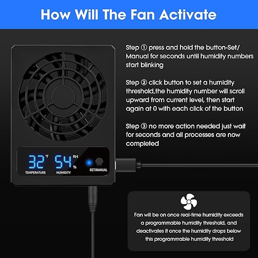 Reptile Terrarium Thermometer Hygrometer with Dehumidifier Ventilation Fan for Pet Rearing Box Reptile Tank LED Digital Thermometer and Humidity Gauge for Snake Bearded Dragon Gecko