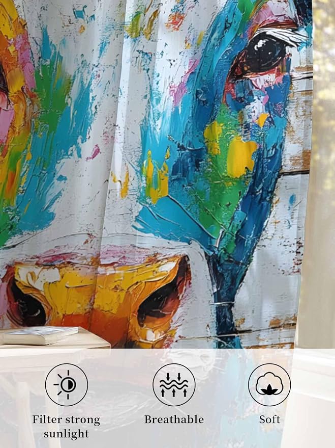 Sheer Curtains 54 Inch Length, Funny Colorful Cow Semi Sheer Curtains Light